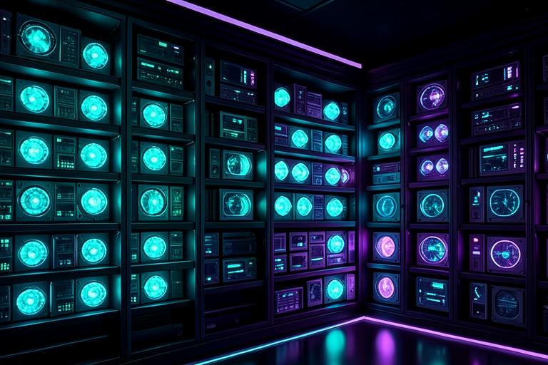 Painéis luminosos em neon ciano representando uma biblioteca de agentes de IA prontos