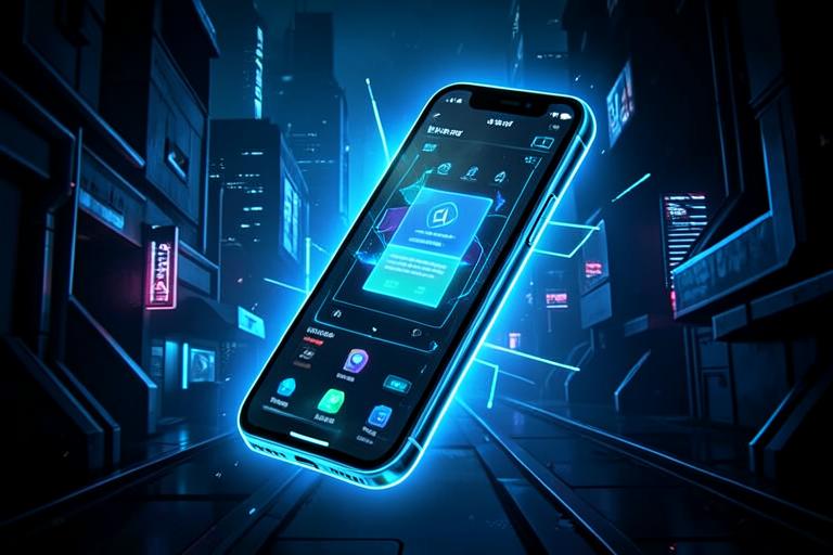 Smartphone flutuando em luz azul neon com interface de aplicativo brilhante