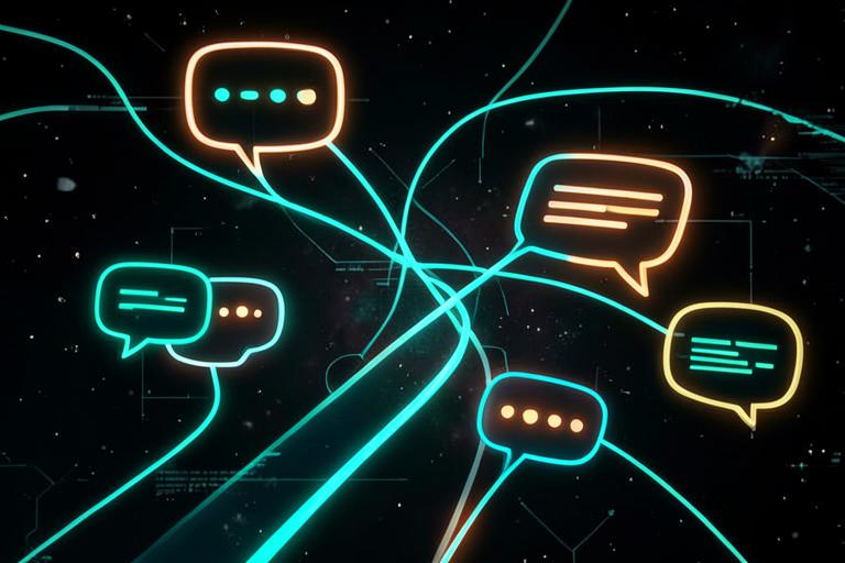 Balões de conversa brilhando em neon sobre fios de luz ciano