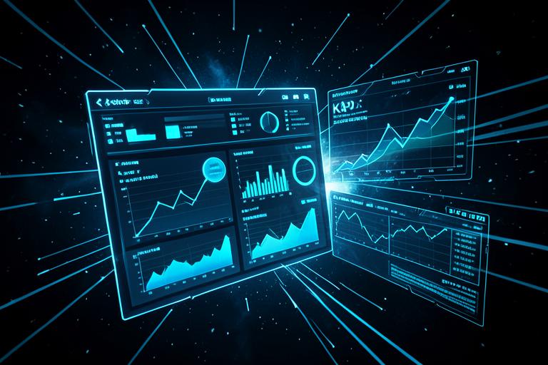 Painéis de indicadores flutuantes com gráficos em neon azul