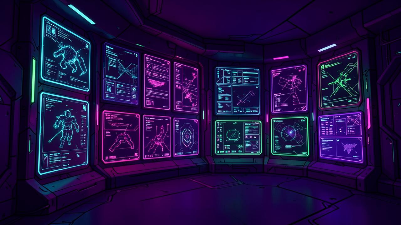 Vitrine digital futurista com painéis de neon coloridos exibindo soluções de inteligência artificial