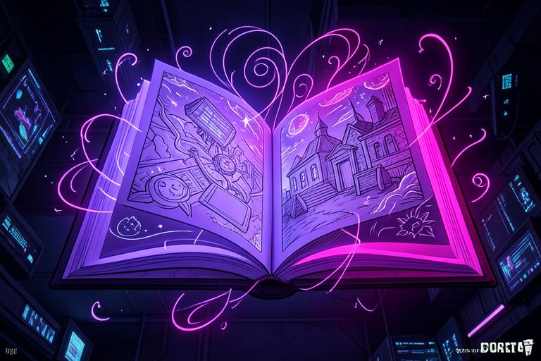 Livro de colorir mágico com páginas brilhando em neon roxo e magenta