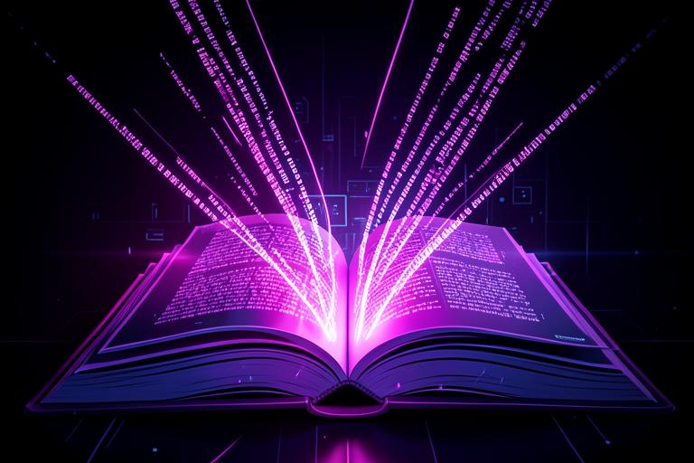 Livro aberto emanando trilhas de texto luminoso em neon violeta
