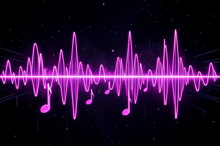 Ondas sonoras e notas musicais em neon magenta sobre fundo escuro