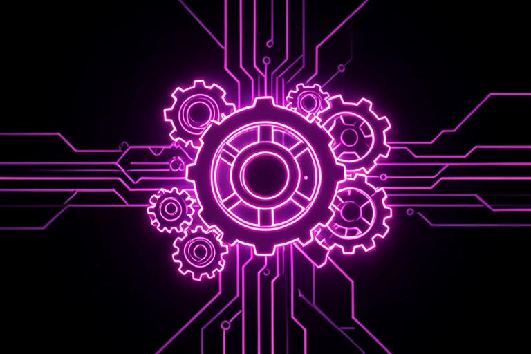 Engrenagens de neon magenta conectadas por circuitos otimizados