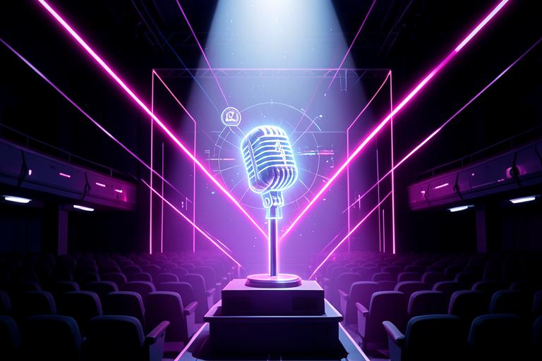 Microfone holográfico sob holofote com raios de neon magenta em auditório escuro