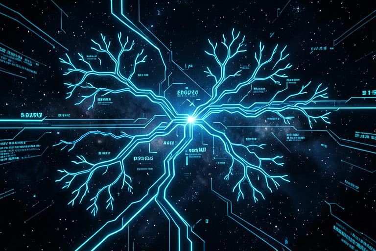 Árvore de decisões ramificada brilhando em neon ciano sobre o espaço escuro