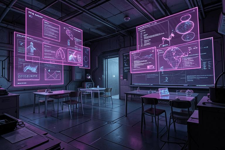 Sala de treinamento futurista com telas holográficas em neon rosa