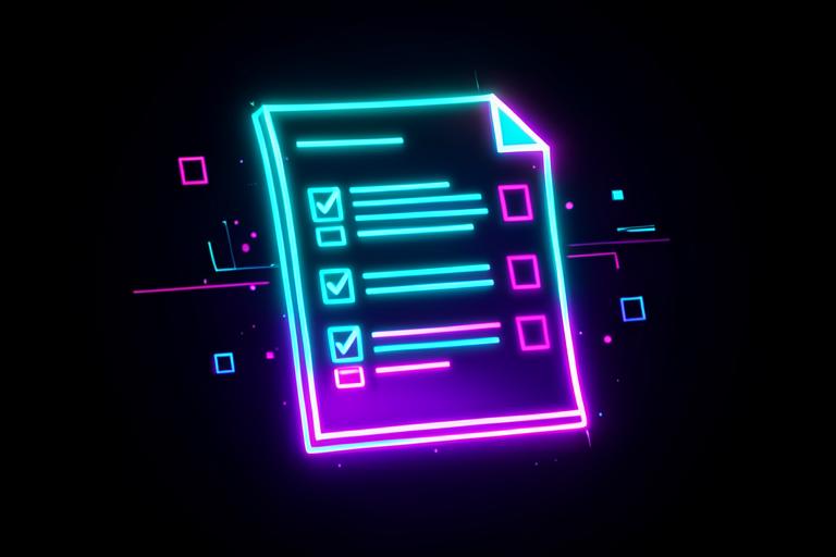 Documento holográfico de formulário brilhando em neon ciano e magenta