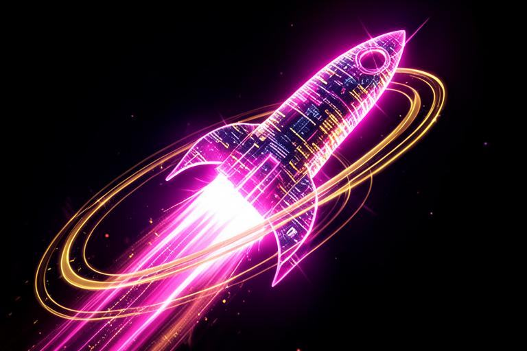Foguete de luz magenta com anéis dourados subindo, simbolizando lançamento