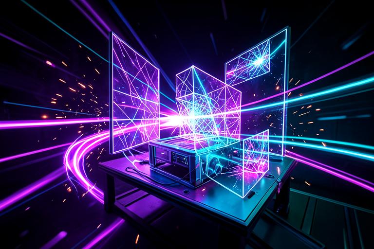 Telas de wireframe se montando em alta velocidade com luzes neon violeta e ciano